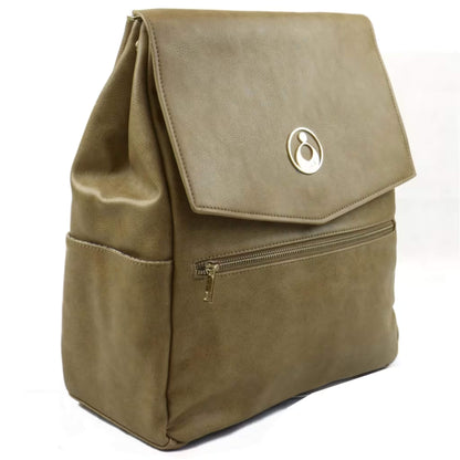 Three-quarter angled view of a tan backpack with smooth faux leather texture, front zip pocket, and structured flap top.