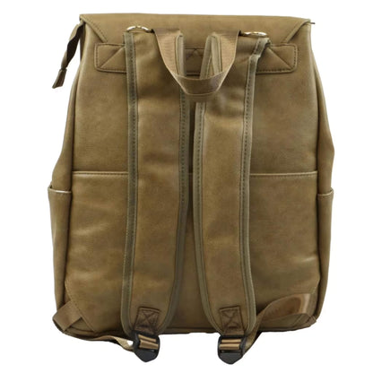 Back view of tan backpack featuring padded shoulder straps, grab handle, and adjustable buckles for comfort and support.