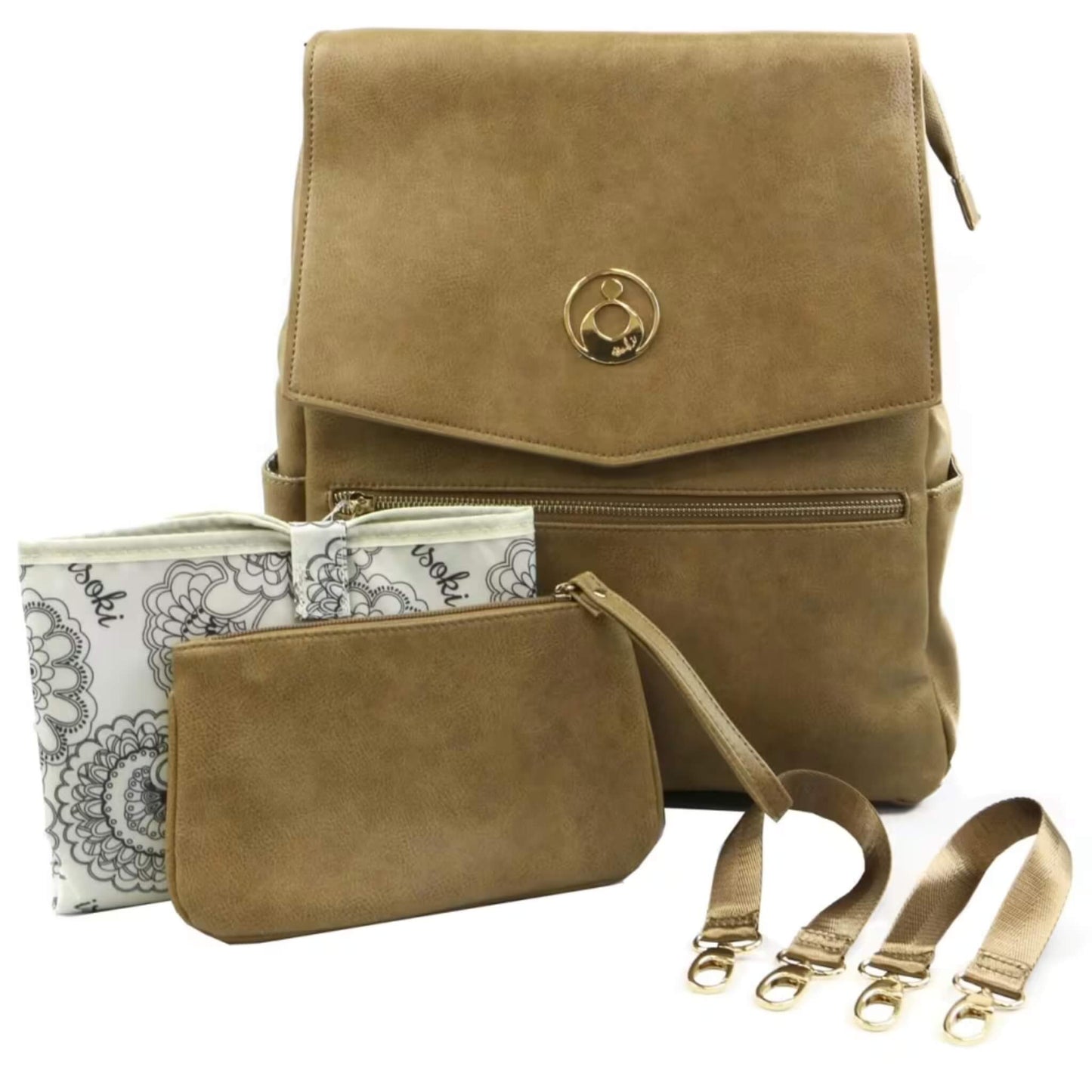 Open change mat with soft patterned lining laid beside tan backpack, accessories pouch, and stroller clips on a white surface.