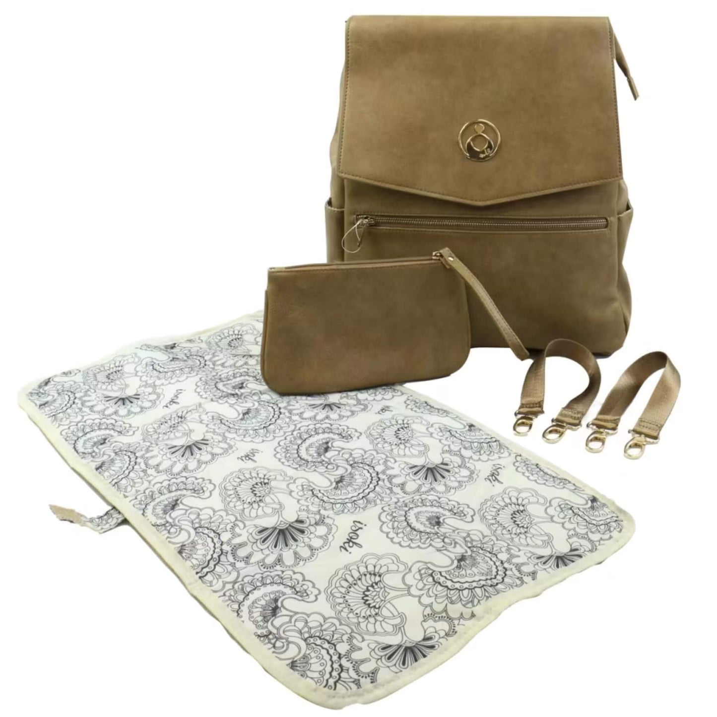 Tan nappy changing backpack displayed with matching accessories bag, patterned change mat, and stroller clips.