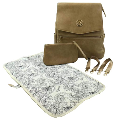 Tan nappy changing backpack displayed with matching accessories bag, patterned change mat, and stroller clips.