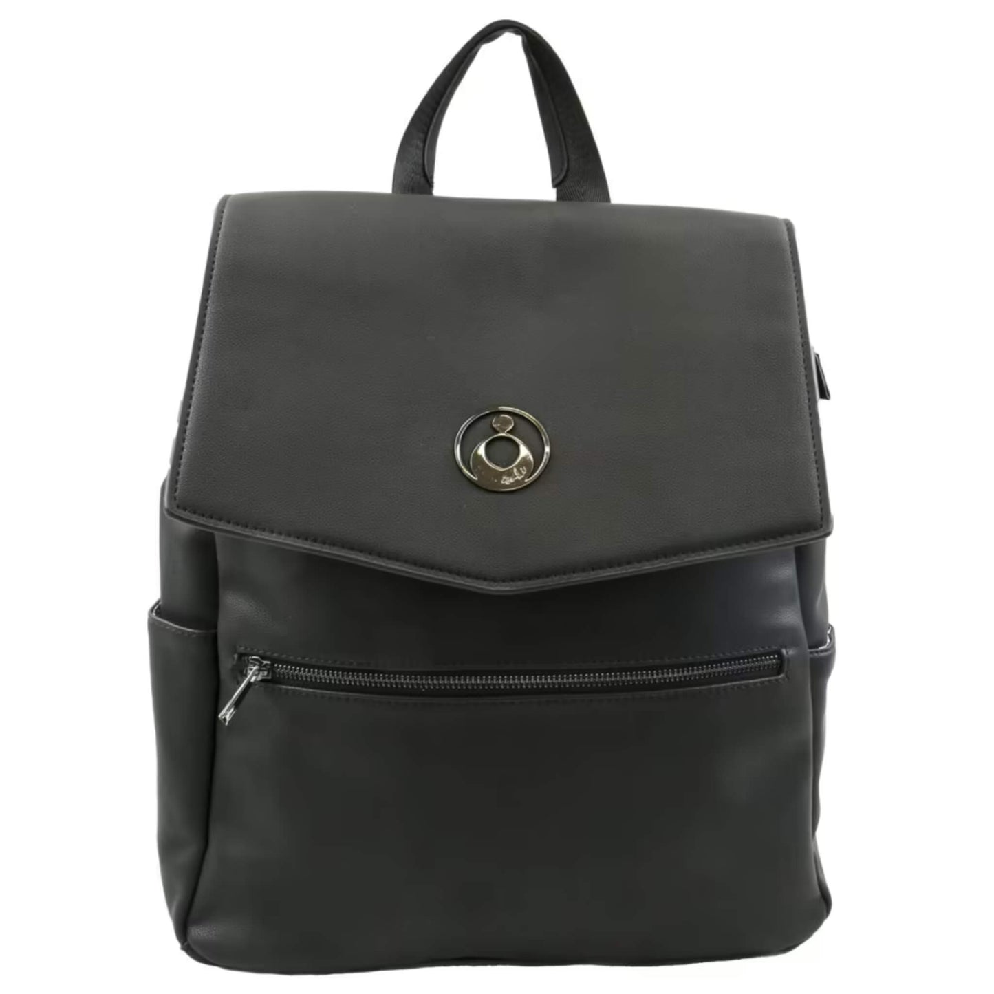 Isoki Hartley Backpack Nappy Changing Bag in Onyx with gold-tone logo, front zip pocket, and sleek leather-look finish.