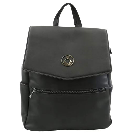 Isoki Hartley Backpack Nappy Changing Bag in Onyx with gold-tone logo, front zip pocket, and sleek leather-look finish.
