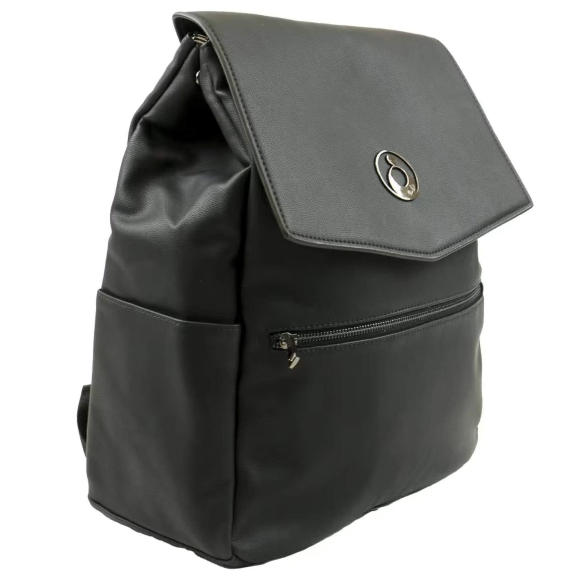 Side view of a black faux leather backpack showing smooth texture, front zip pocket, and side slip compartment.