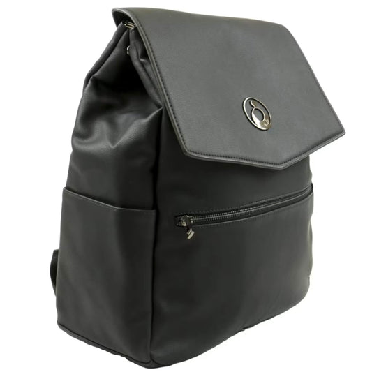 Side view of a black faux leather backpack showing smooth texture, front zip pocket, and side slip compartment.