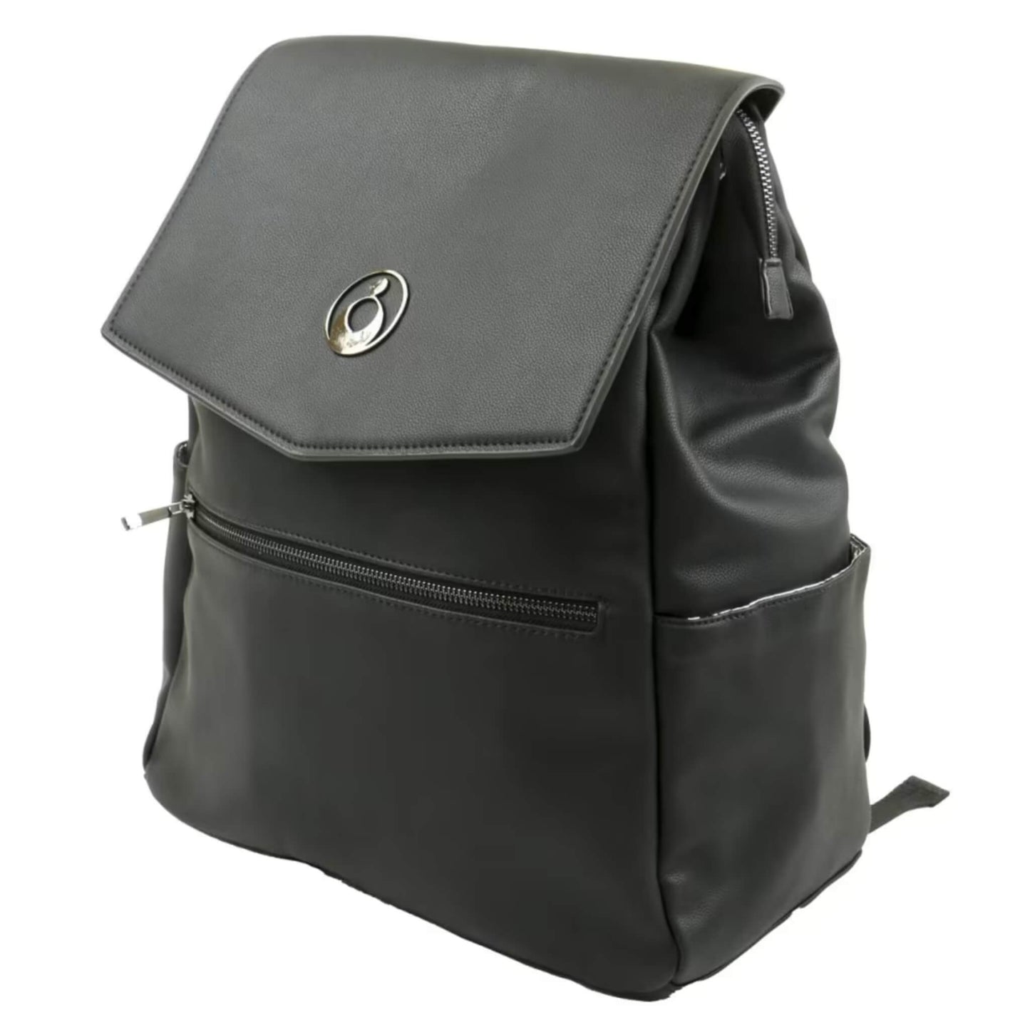 Three-quarter angled view of black backpack with structured flap top, side pocket, and gold hardware detail.