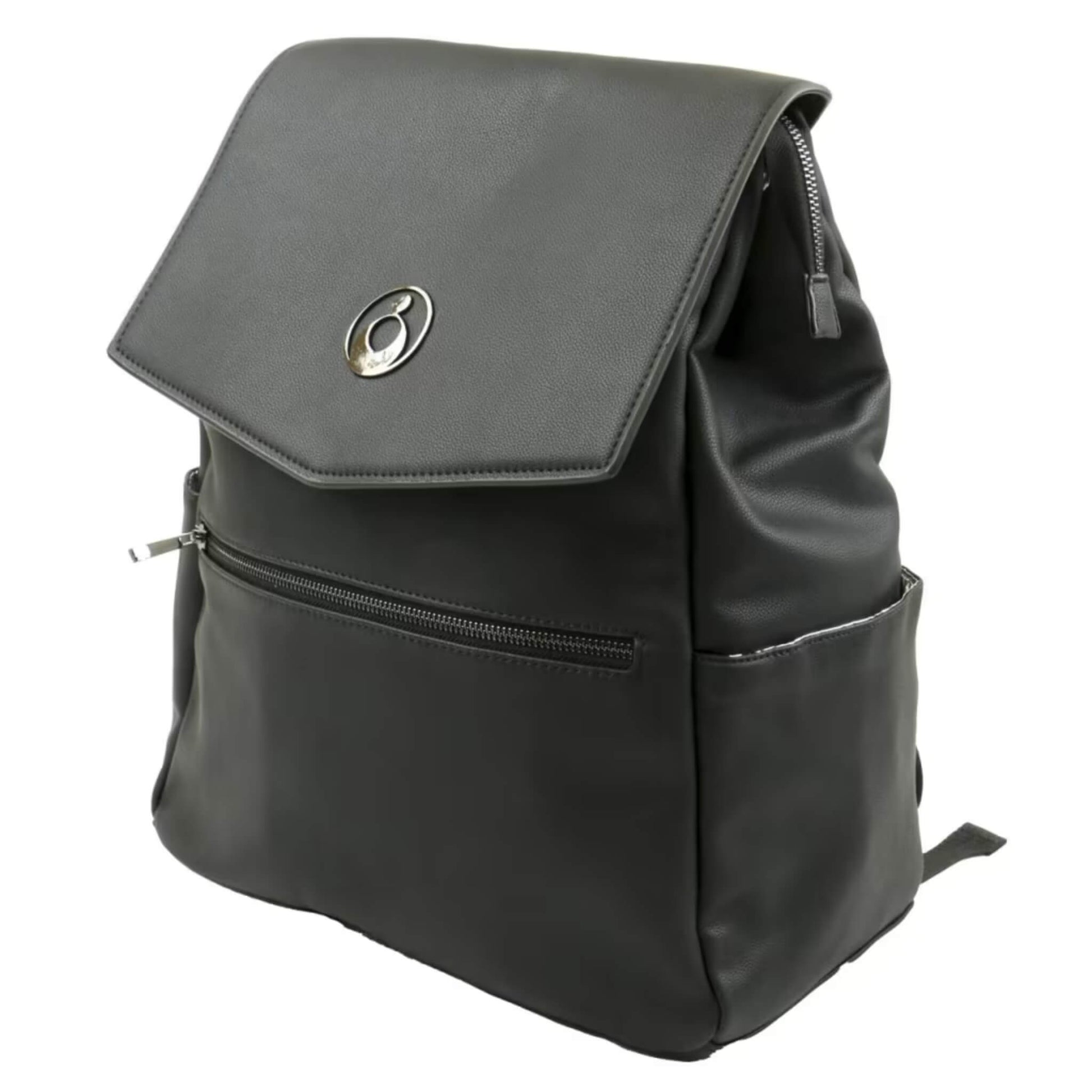 Three-quarter angled view of black backpack with structured flap top, side pocket, and gold hardware detail.