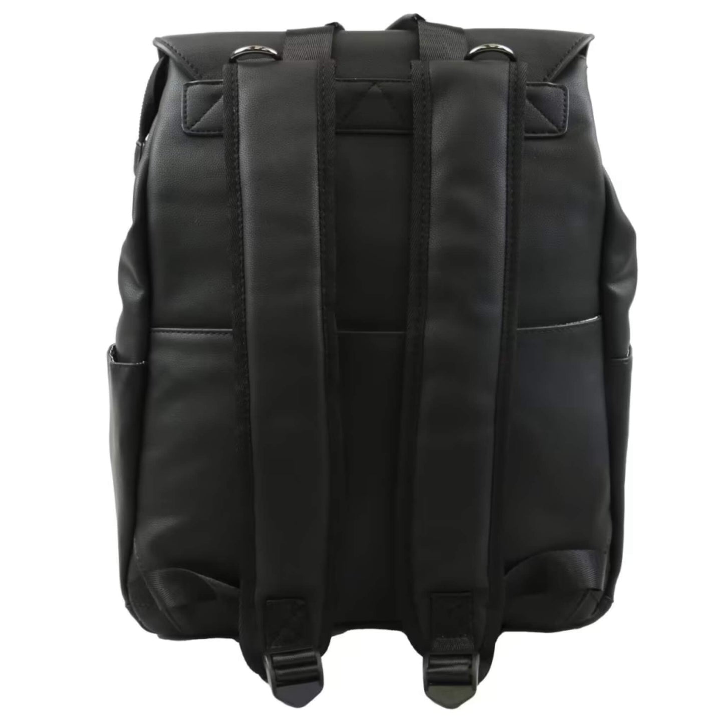 Back of black backpack with padded shoulder straps, top handle, and adjustable buckles for a comfortable fit.
