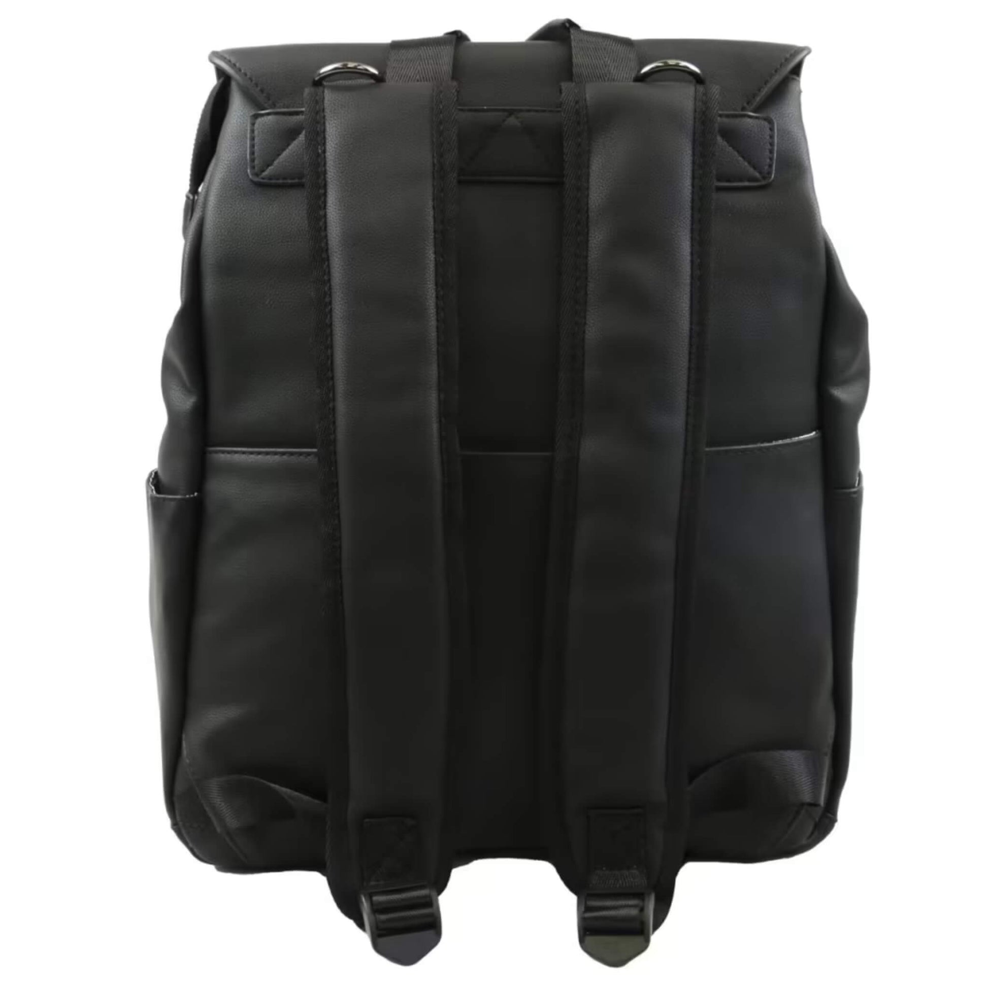 Back of black backpack with padded shoulder straps, top handle, and adjustable buckles for a comfortable fit.