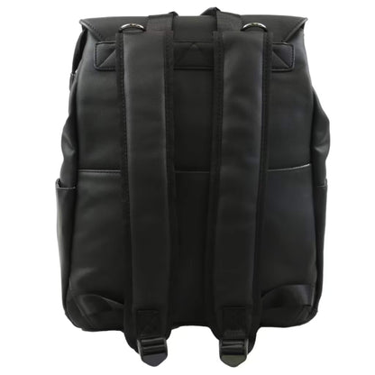 Back of black backpack with padded shoulder straps, top handle, and adjustable buckles for a comfortable fit.