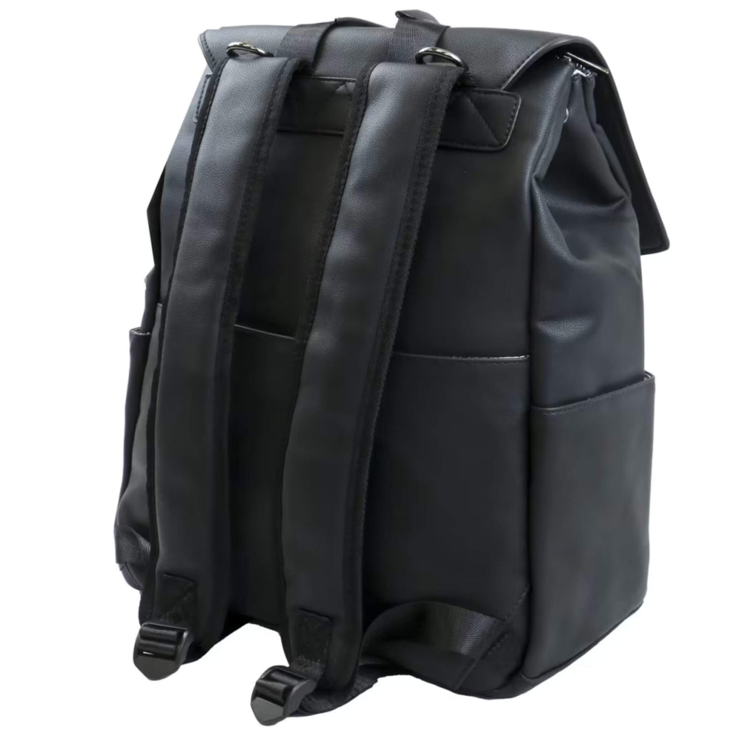 Angled back view of black backpack highlighting padded straps, D-rings for stroller clips, and side pockets.
