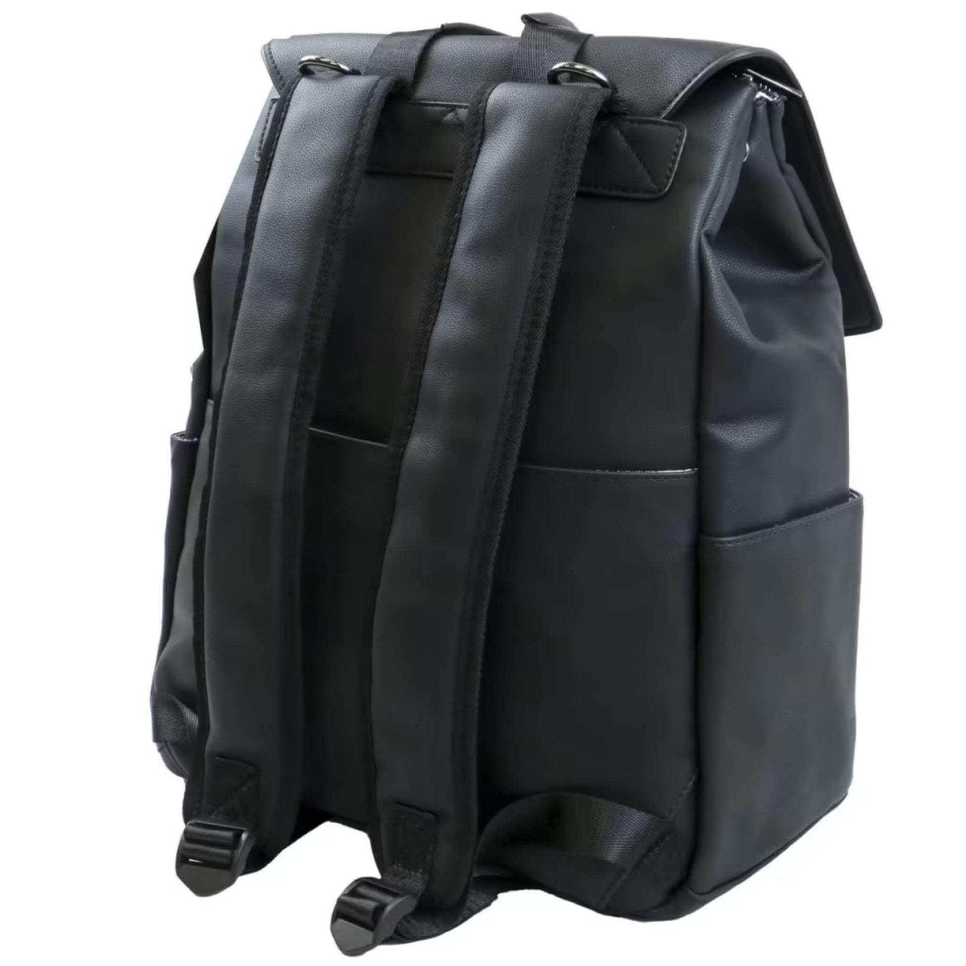 Angled back view of black backpack highlighting padded straps, D-rings for stroller clips, and side pockets.