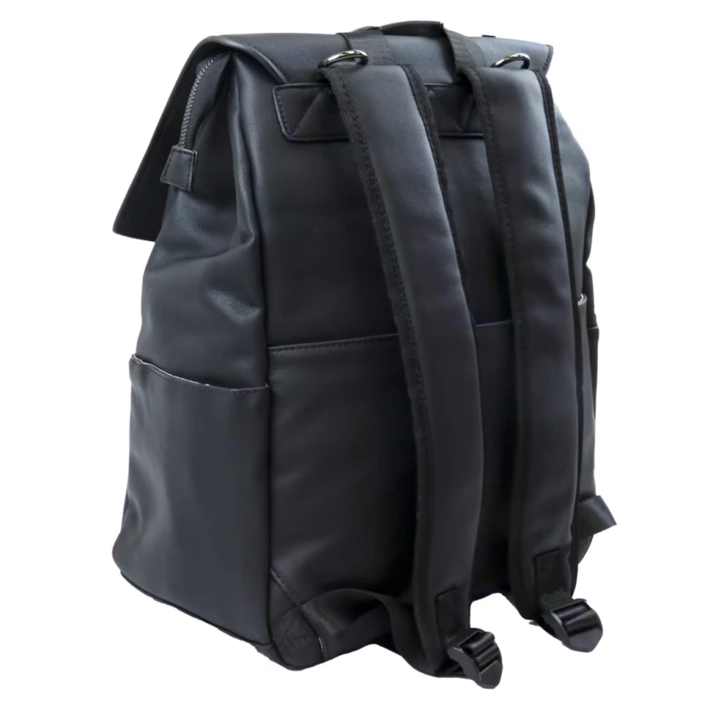 Rear side angle of black backpack showing soft faux leather surface, adjustable straps, and reinforced stitching.