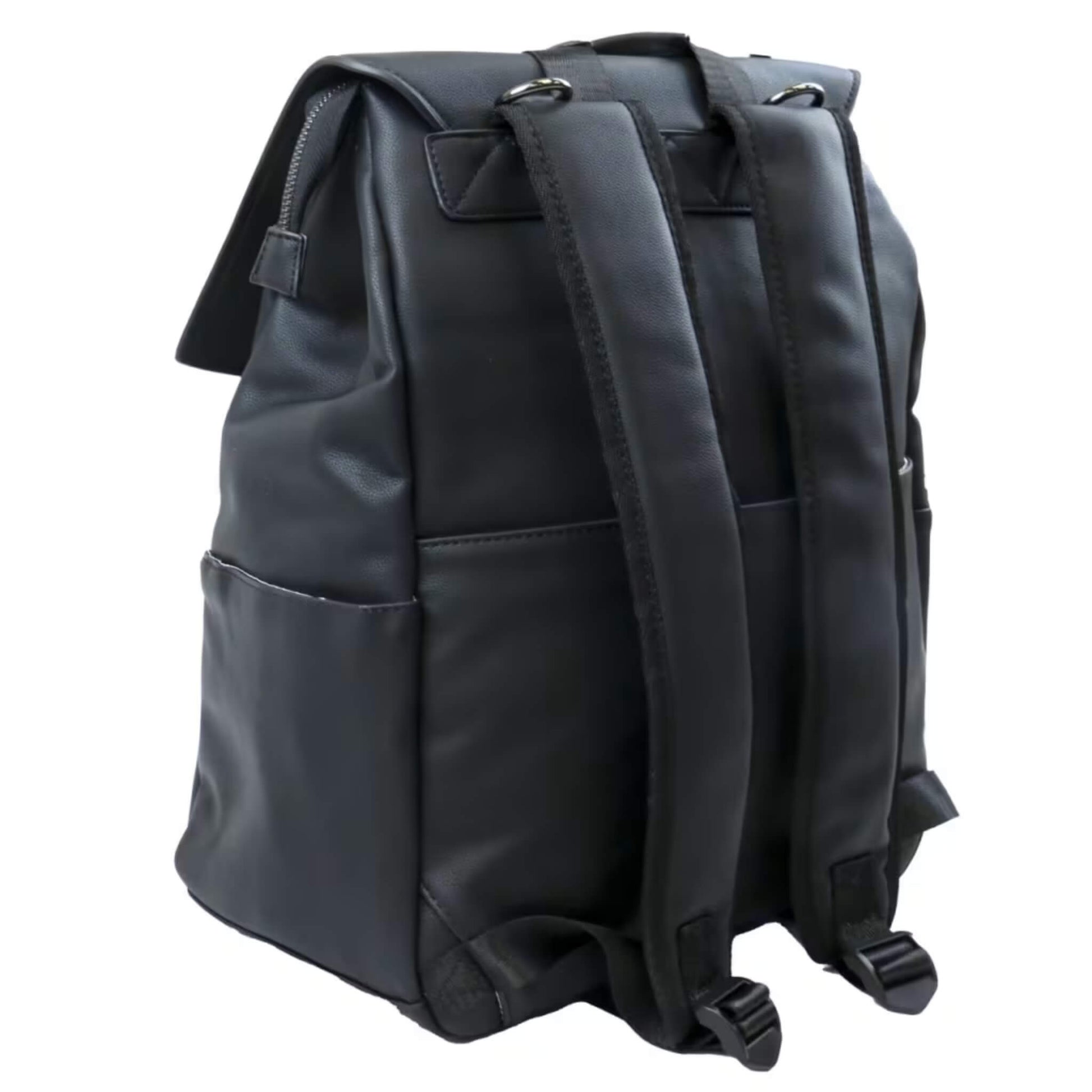 Rear side angle of black backpack showing soft faux leather surface, adjustable straps, and reinforced stitching.
