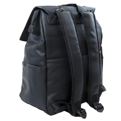 Rear side angle of black backpack showing soft faux leather surface, adjustable straps, and reinforced stitching.