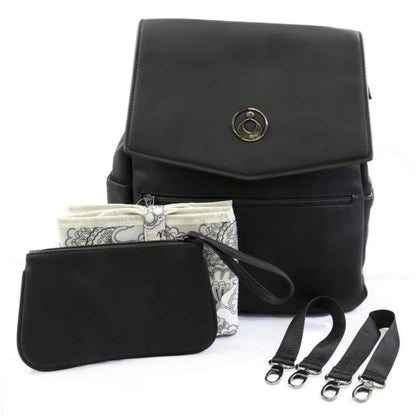 Black backpack displayed with matching accessories pouch, patterned change mat, and stroller clips arranged neatly.