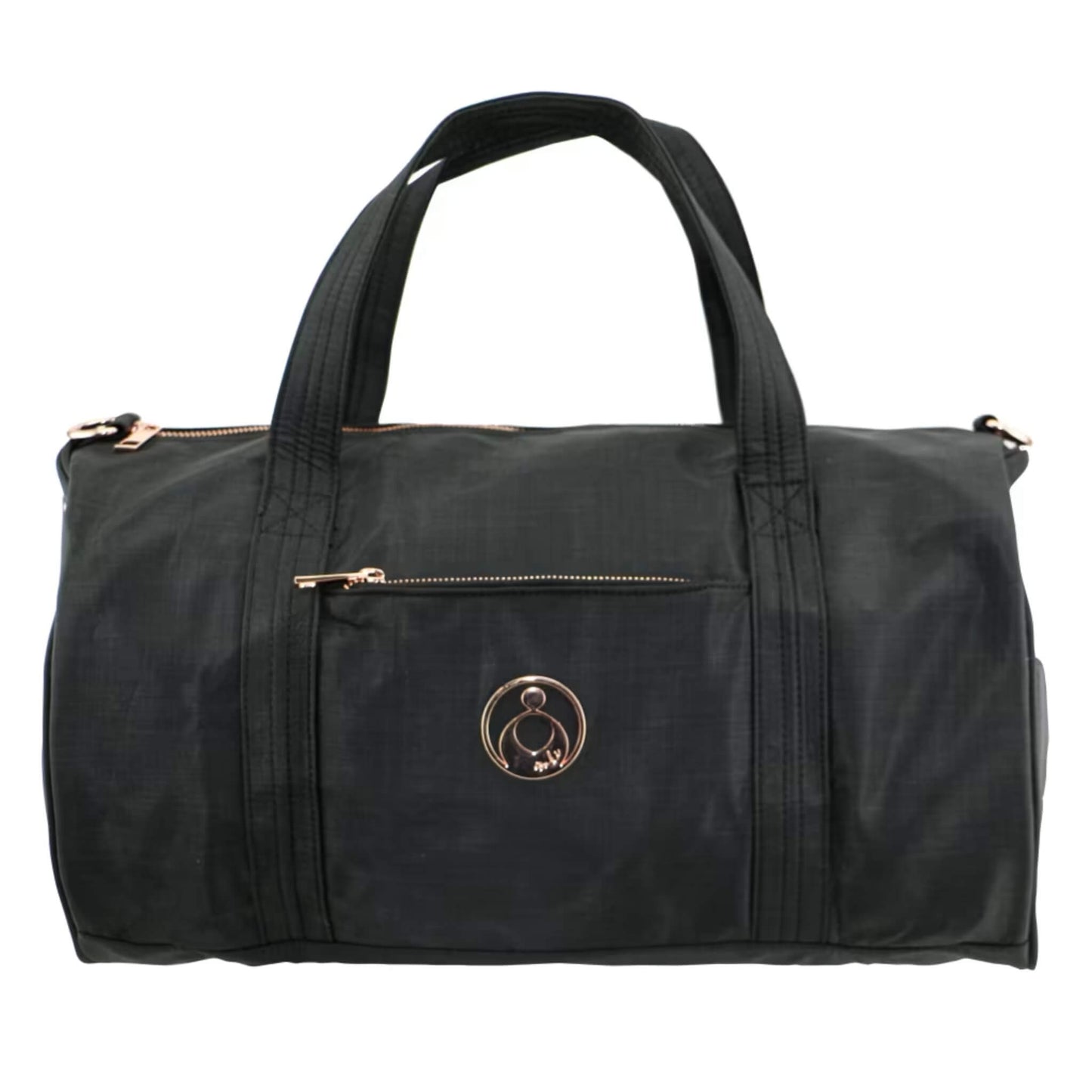 Isoki Kingston Duffle Bag in Black Nylon with rose-gold detailing, front zip pocket, and smooth water-resistant finish.
