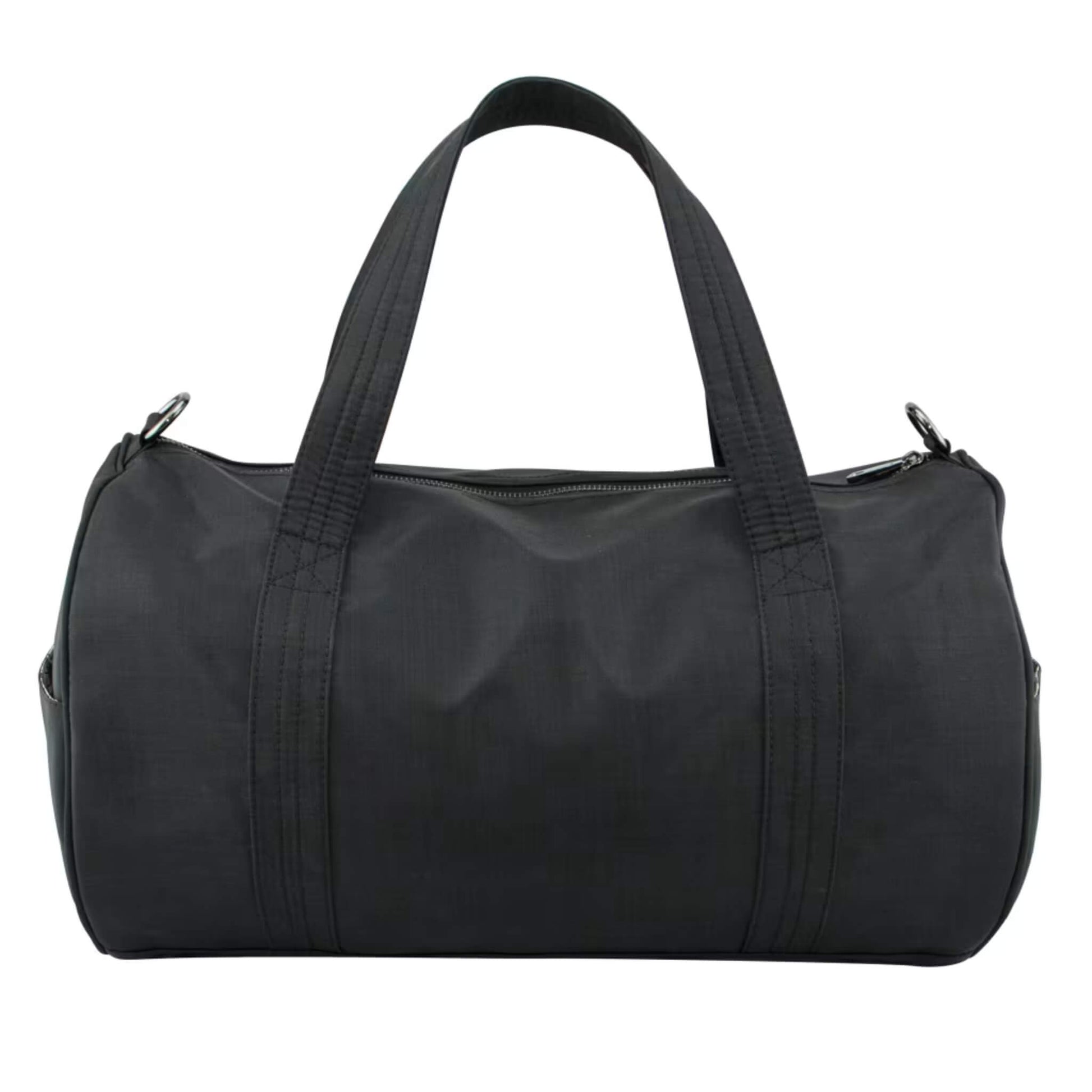 Rear view of a black nylon duffle changing bag showing twin stitched handles and a full-length zip closure.