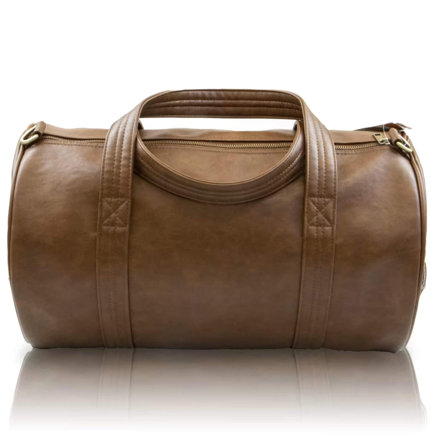 Back view of a Duffle Bag highlighting its structured shape, smooth brown texture, and stitched carry handles.