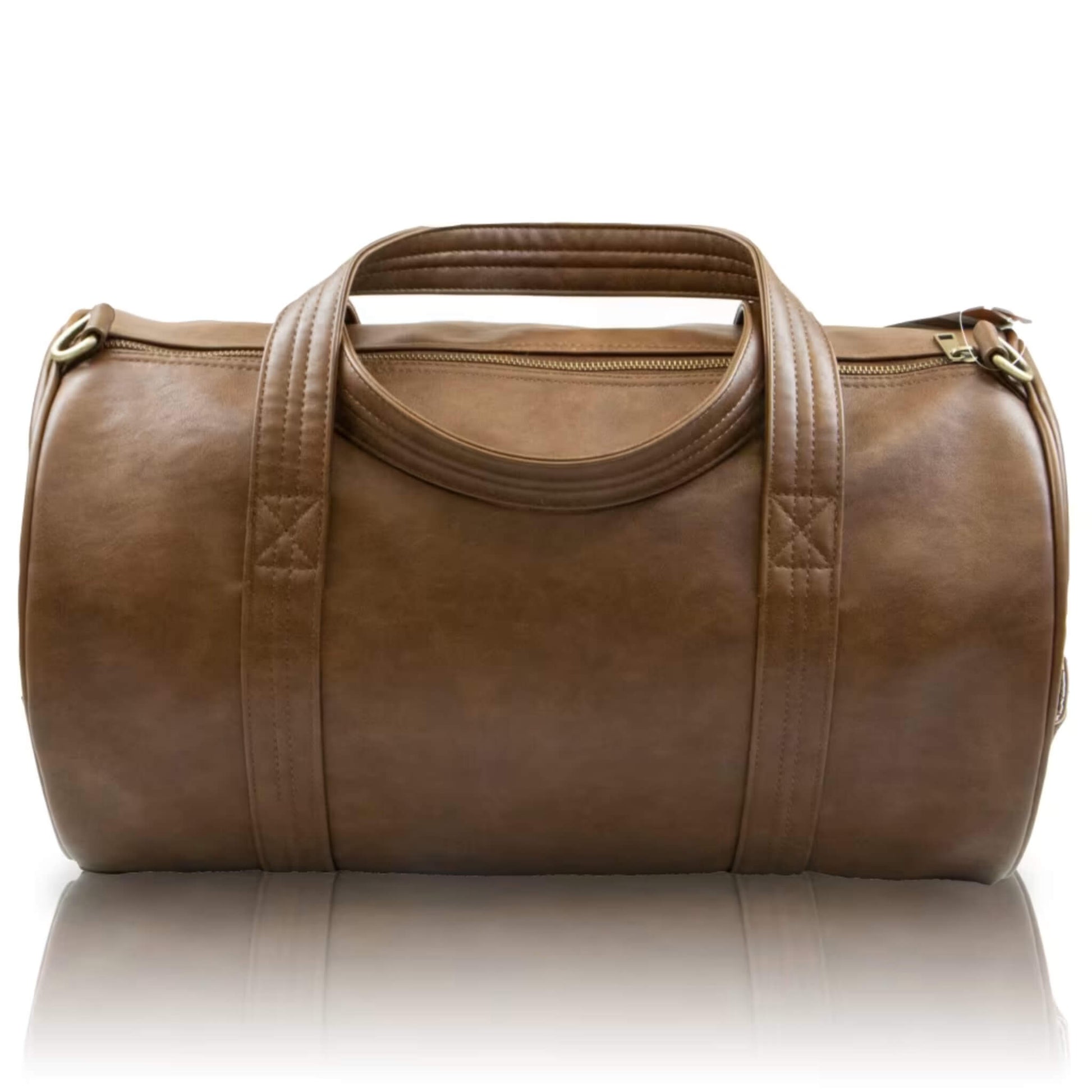 Back view of a Duffle Bag highlighting its structured shape, smooth brown texture, and stitched carry handles.