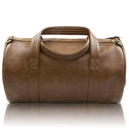 Back view of a Duffle Bag highlighting its structured shape, smooth brown texture, and stitched carry handles.