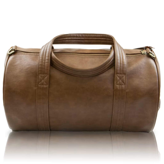 Back view of a Duffle Bag highlighting its structured shape, smooth brown texture, and stitched carry handles.