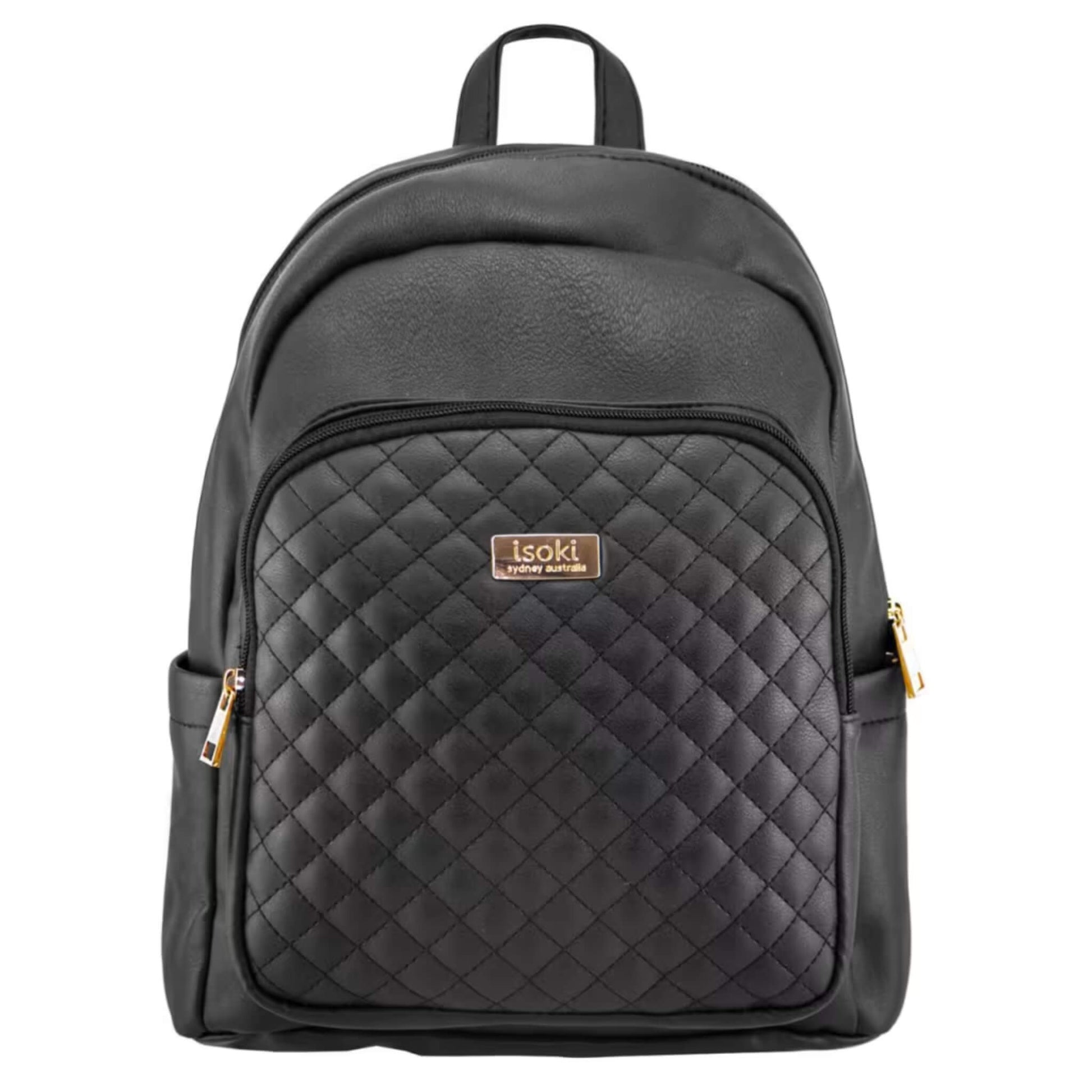 Isoki Marlo Backpack Nappy Changing Bag in Ebony with quilted front panel, gold zip detailing, and smooth leather-look finish.