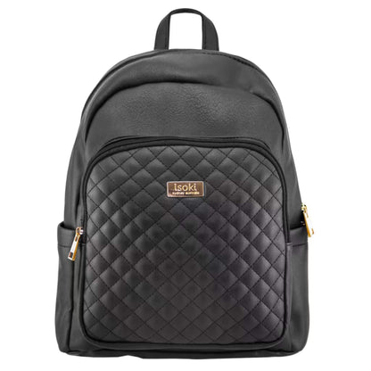 Isoki Marlo Backpack Nappy Changing Bag in Ebony with quilted front panel, gold zip detailing, and smooth leather-look finish.