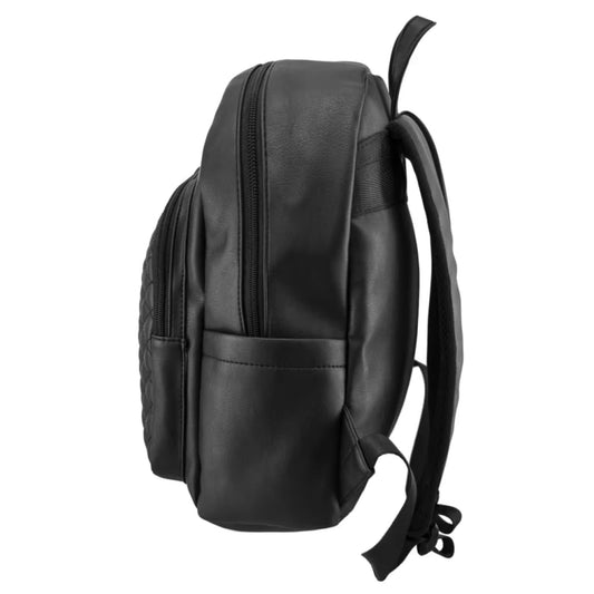 Side profile of black backpack showing slim silhouette, double zip closure, and outer slip pocket for bottles or accessories.