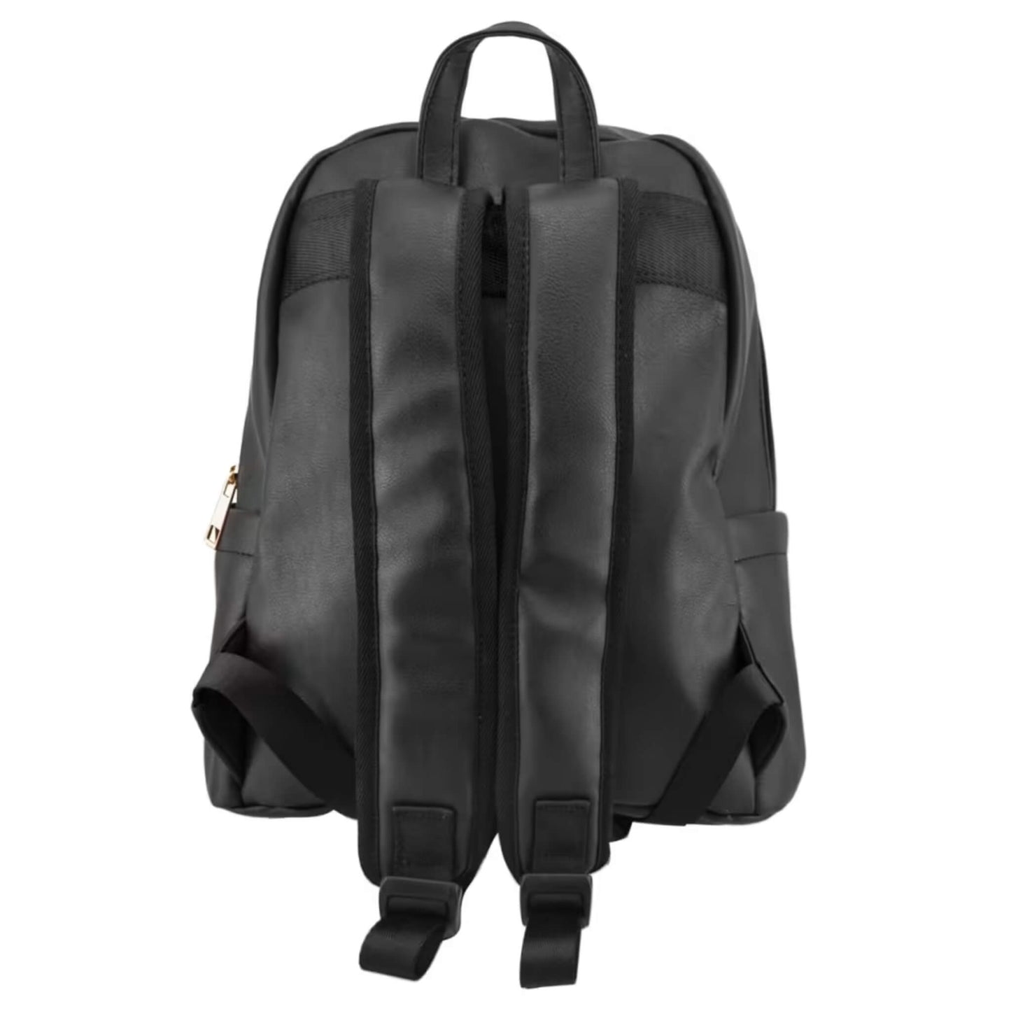 Back view of black backpack with padded shoulder straps, grab handle, and adjustable buckles for a secure, comfortable fit.