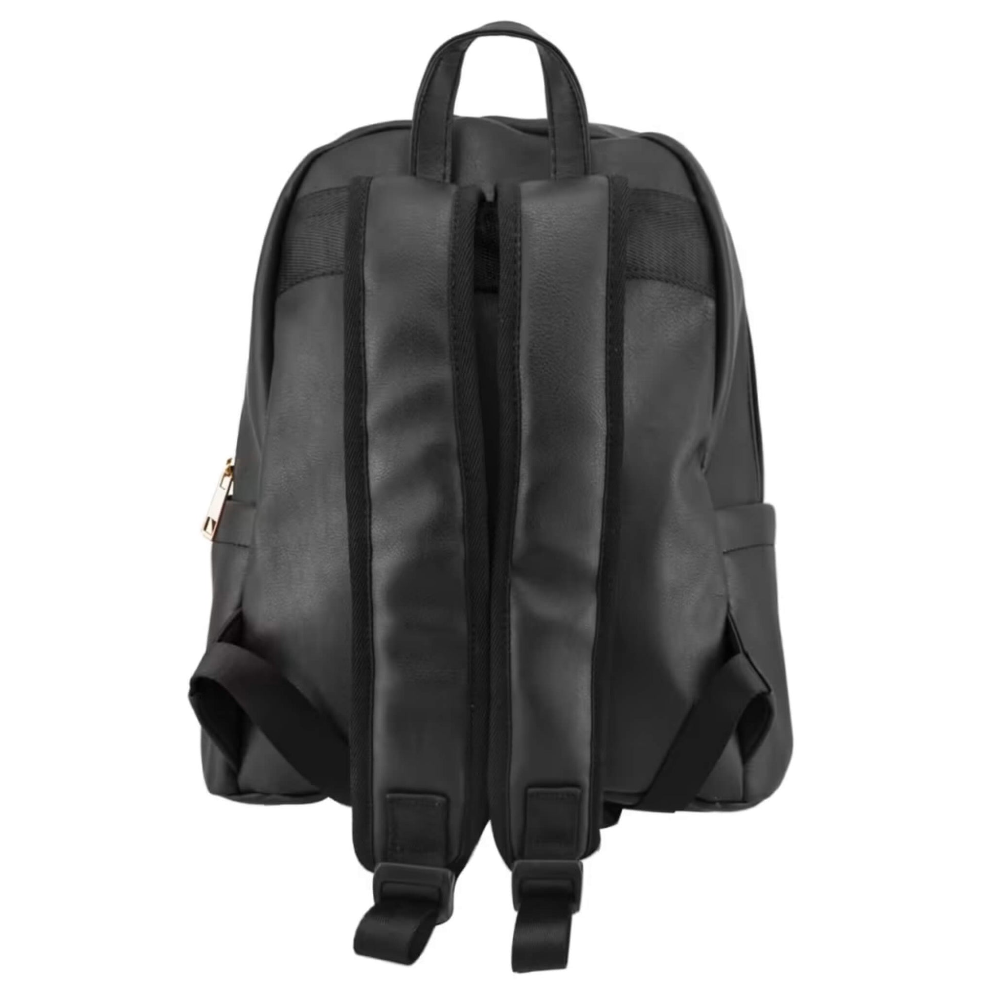 Back view of black backpack with padded shoulder straps, grab handle, and adjustable buckles for a secure, comfortable fit.