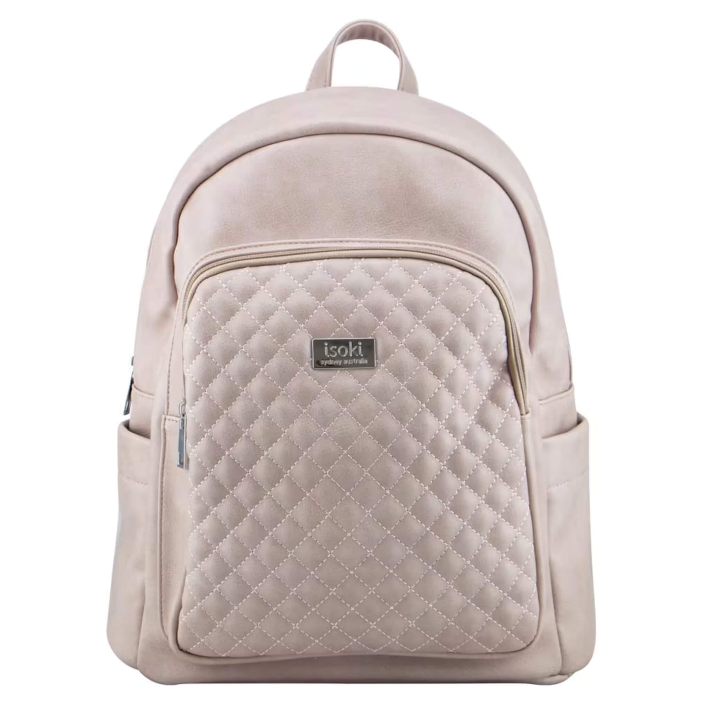 Isoki Marlo Backpack Nappy Changing Bag in Mushroom, featuring a quilted front pocket, soft leather-look finish, and minimalist modern shape.