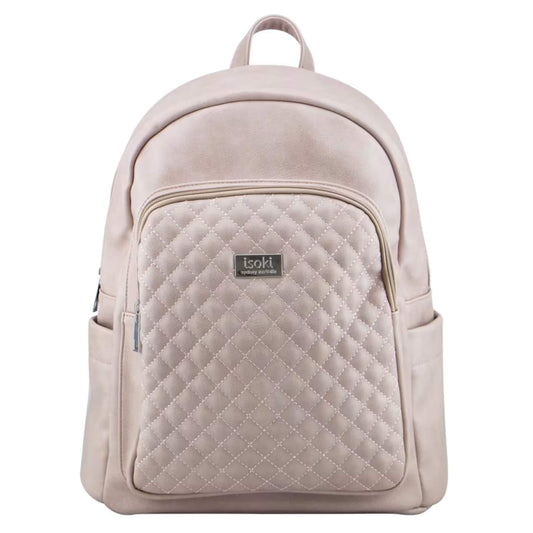 Isoki Marlo Backpack Nappy Changing Bag in Mushroom, featuring a quilted front pocket, soft leather-look finish, and minimalist modern shape.