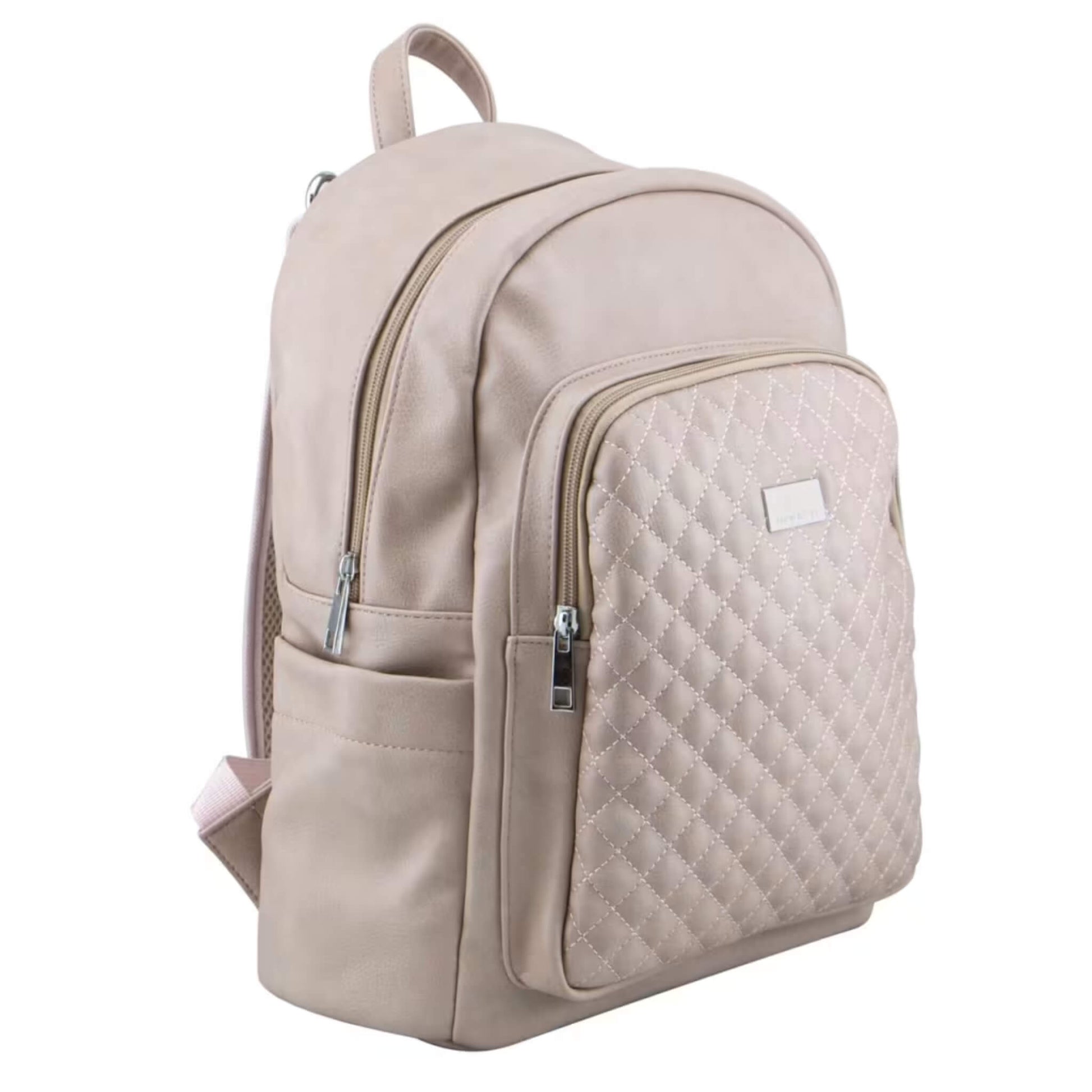 Side view of mushroom-coloured quilted backpack showing front and side zip pockets with silver zips and smooth faux leather texture.