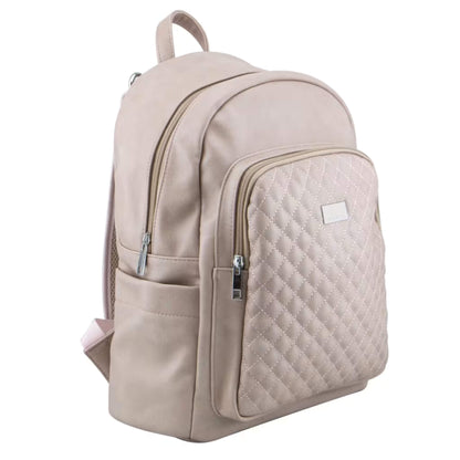 Side view of mushroom-coloured quilted backpack showing front and side zip pockets with silver zips and smooth faux leather texture.