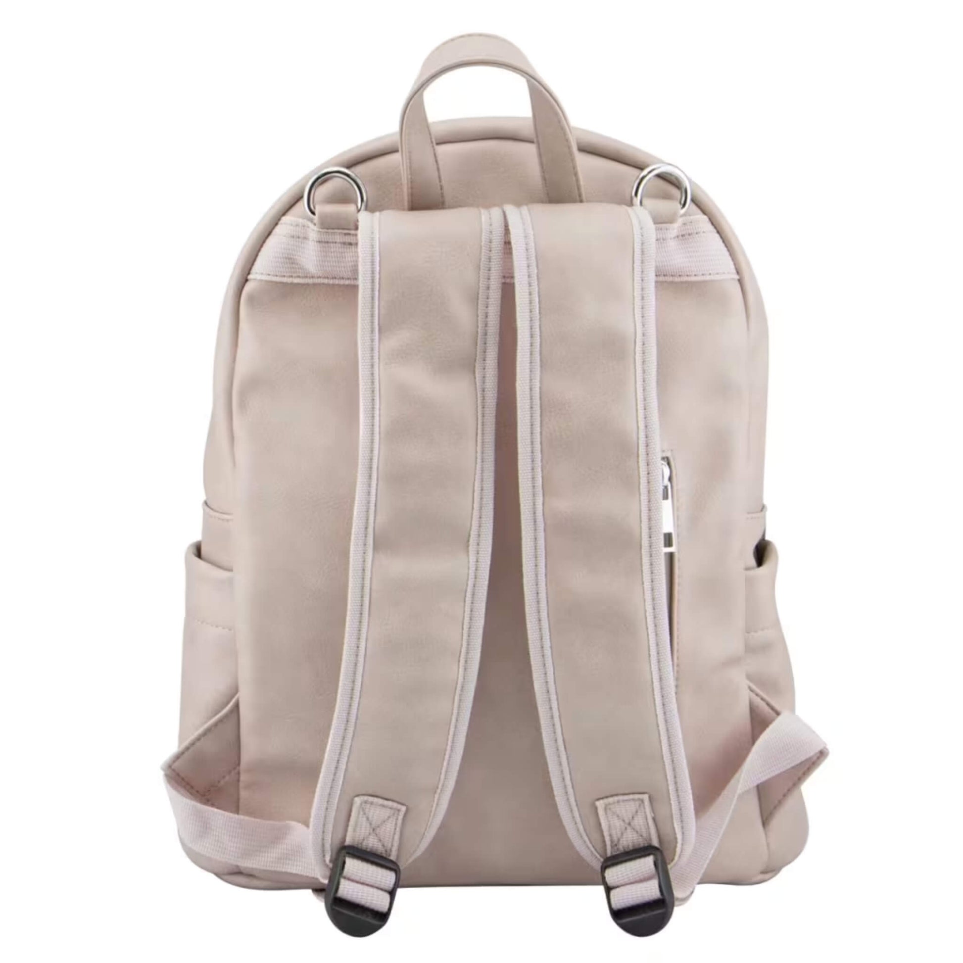 Rear view of mushroom-toned backpack showing padded adjustable shoulder straps, top carry handle, and subtle stitching details.