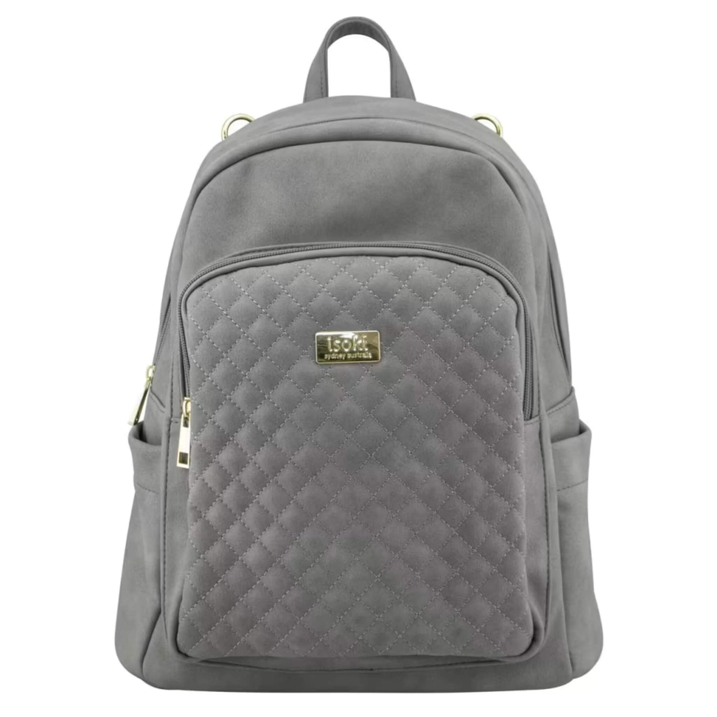 Isoki Marlo Backpack Nappy Changing Bag in Stone, featuring a quilted front pocket, soft suede-look finish, and gold zip detailing.