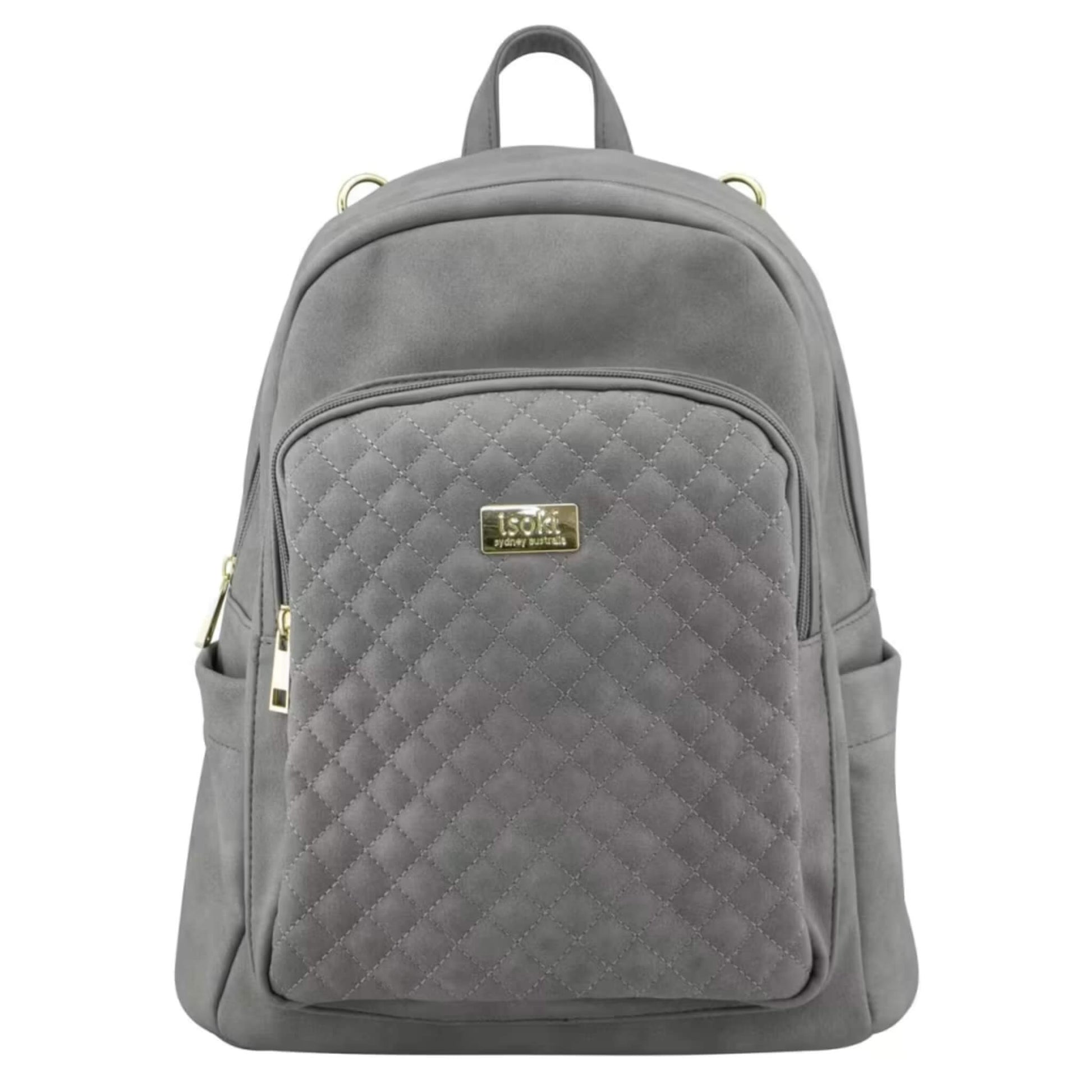 Isoki Marlo Backpack Nappy Changing Bag in Stone, featuring a quilted front pocket, soft suede-look finish, and gold zip detailing.