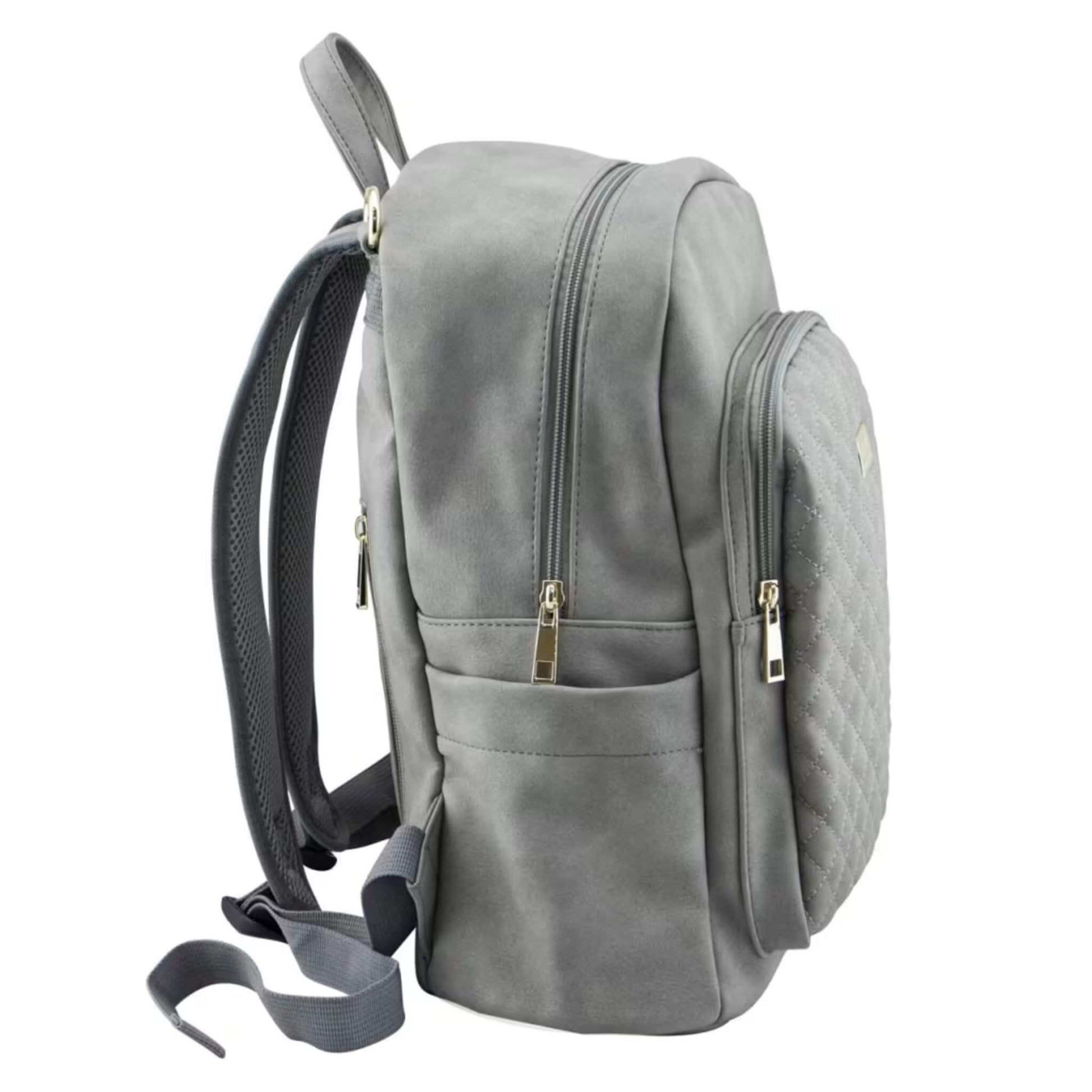 Side view of grey-toned quilted backpack showing double zip openings, insulated side pocket, and padded adjustable shoulder straps.