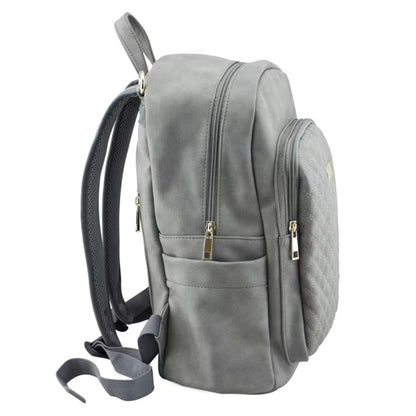 Side view of grey-toned quilted backpack showing double zip openings, insulated side pocket, and padded adjustable shoulder straps.