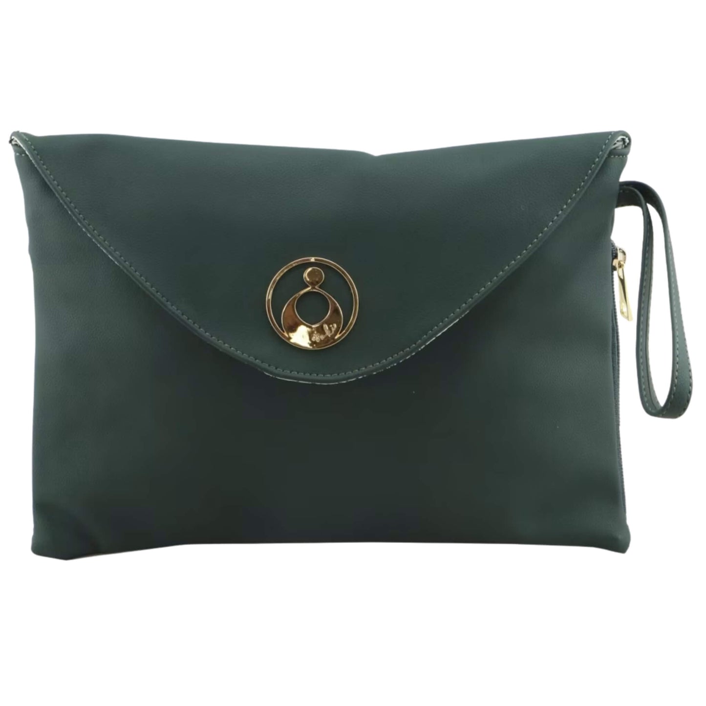 Isoki Windsor Change Mat Clutch in Forest green shown closed, featuring a gold logo clasp, wrist strap, and smooth vegan leather finish.