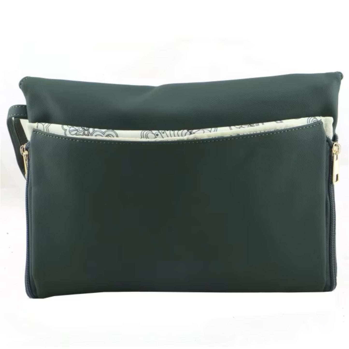 Back view of green change mat clutch with a zip pocket and floral patterned lining visible along the opening.