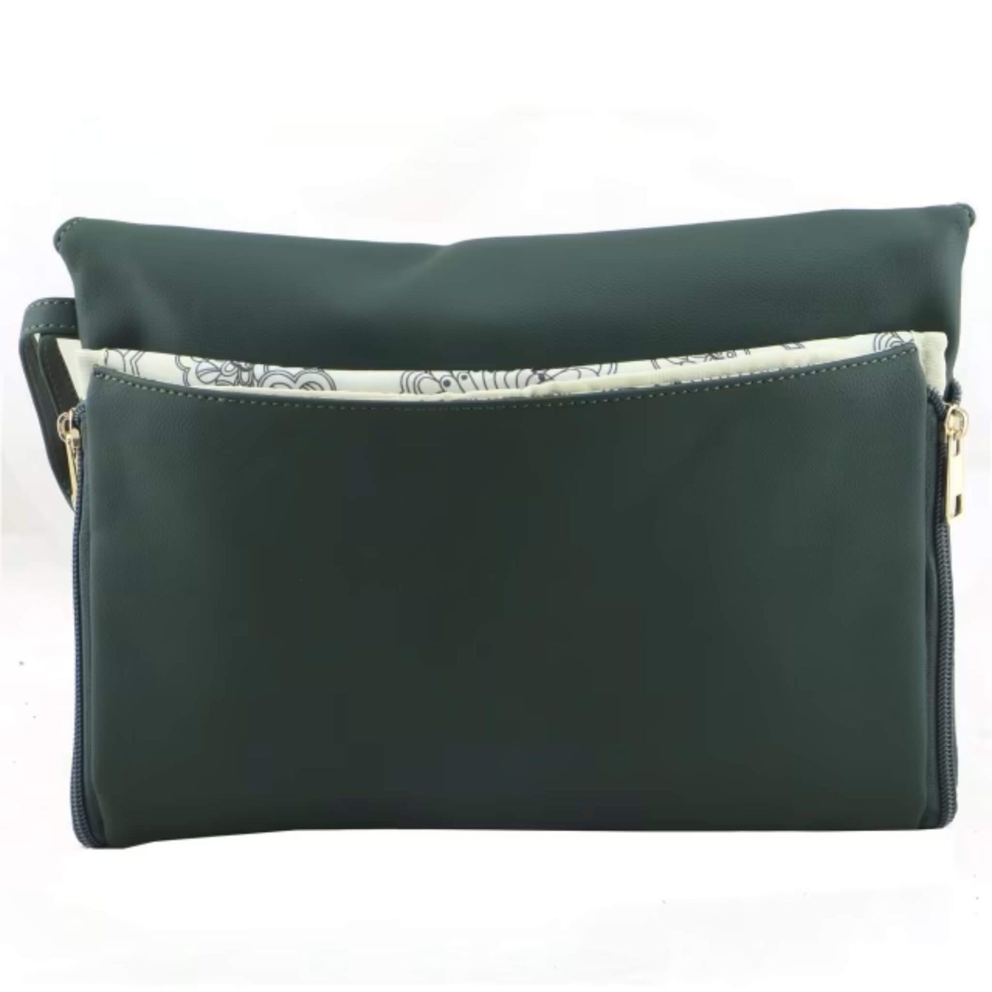 Back view of green change mat clutch with a zip pocket and floral patterned lining visible along the opening.
