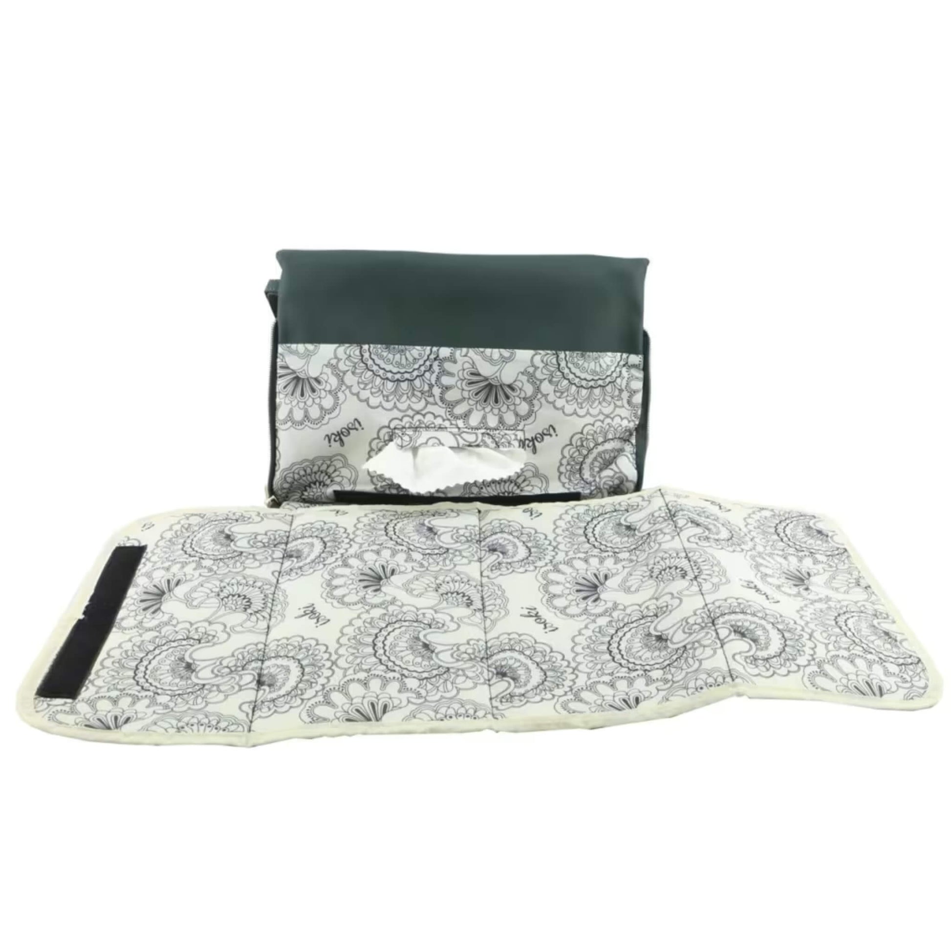 Full-length view of the green changing mat fully unfolded, revealing the patterned wipe-clean surface and padded design.