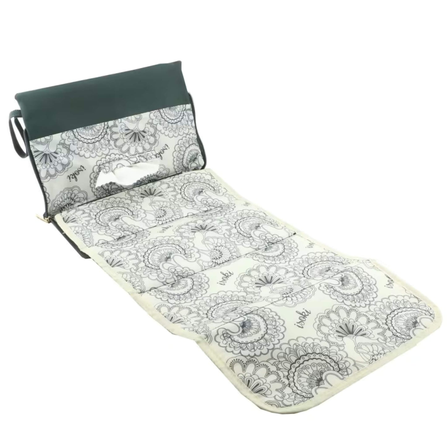 Angled view of the open Windsor change mat clutch in Forest green, showing the extended changing mat and detailed floral interior.