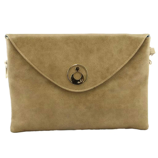 Isoki Windsor Change Mat Clutch in Latte beige made from soft vegan leather with a gold logo clasp and slim wrist strap.