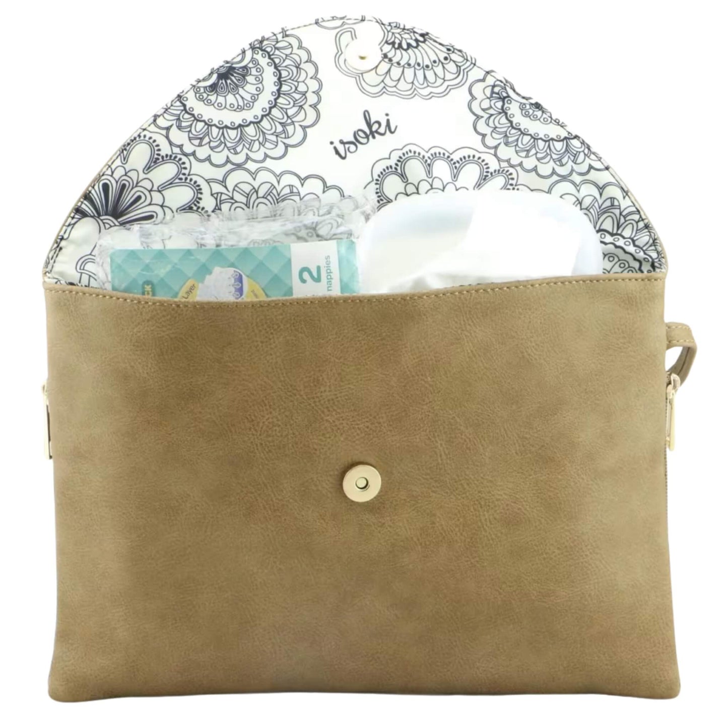 Open beige change mat clutch lined with floral printed fabric, showing nappies, wipes, and baby essentials neatly packed inside.