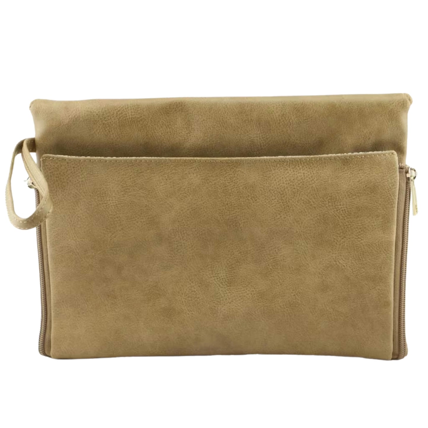 Back view of Latte change mat clutch with a zip pocket and smooth stitched finish along the top edge.