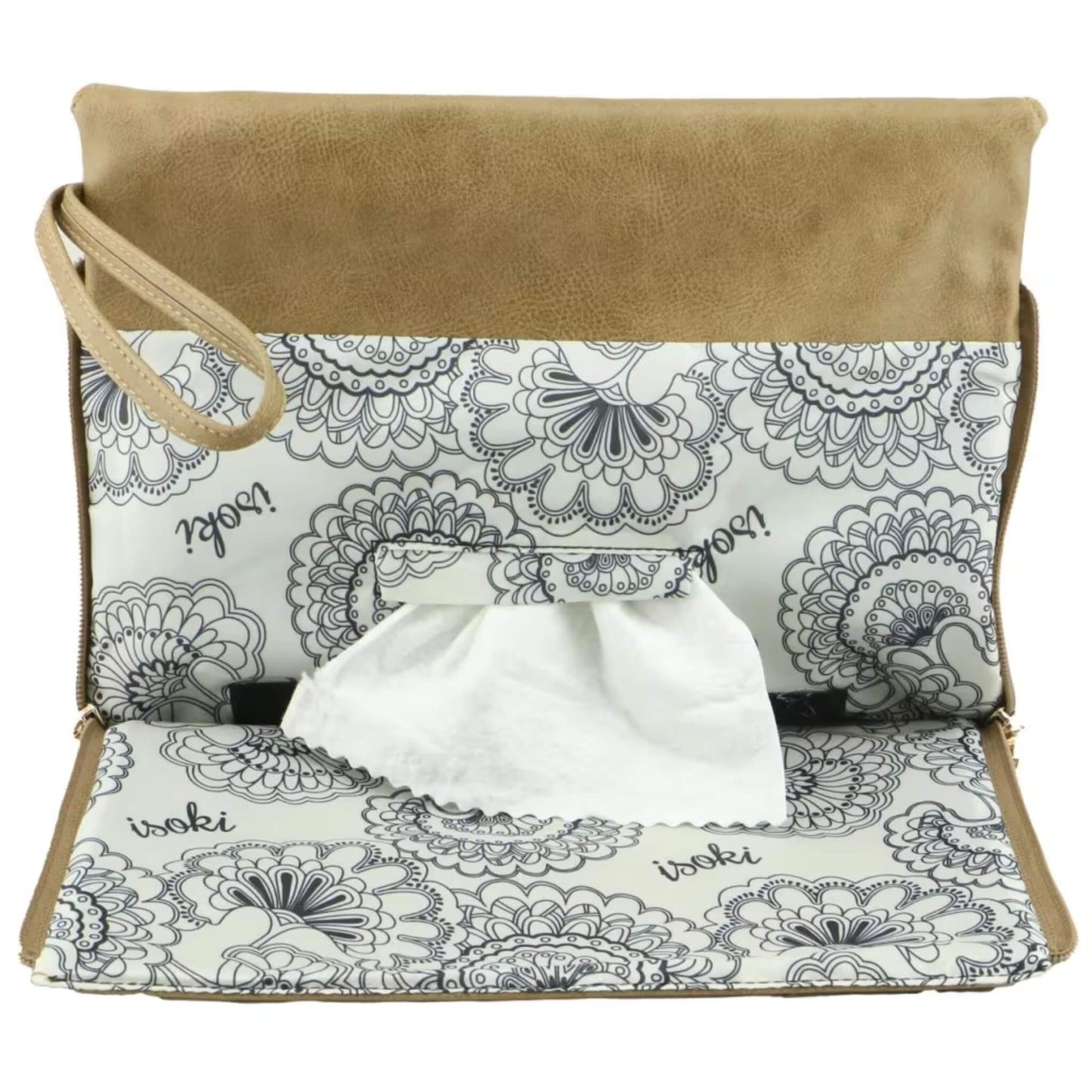 Beige change mat clutch opened flat to reveal a patterned wipe-clean change mat with a central wipes access slot.