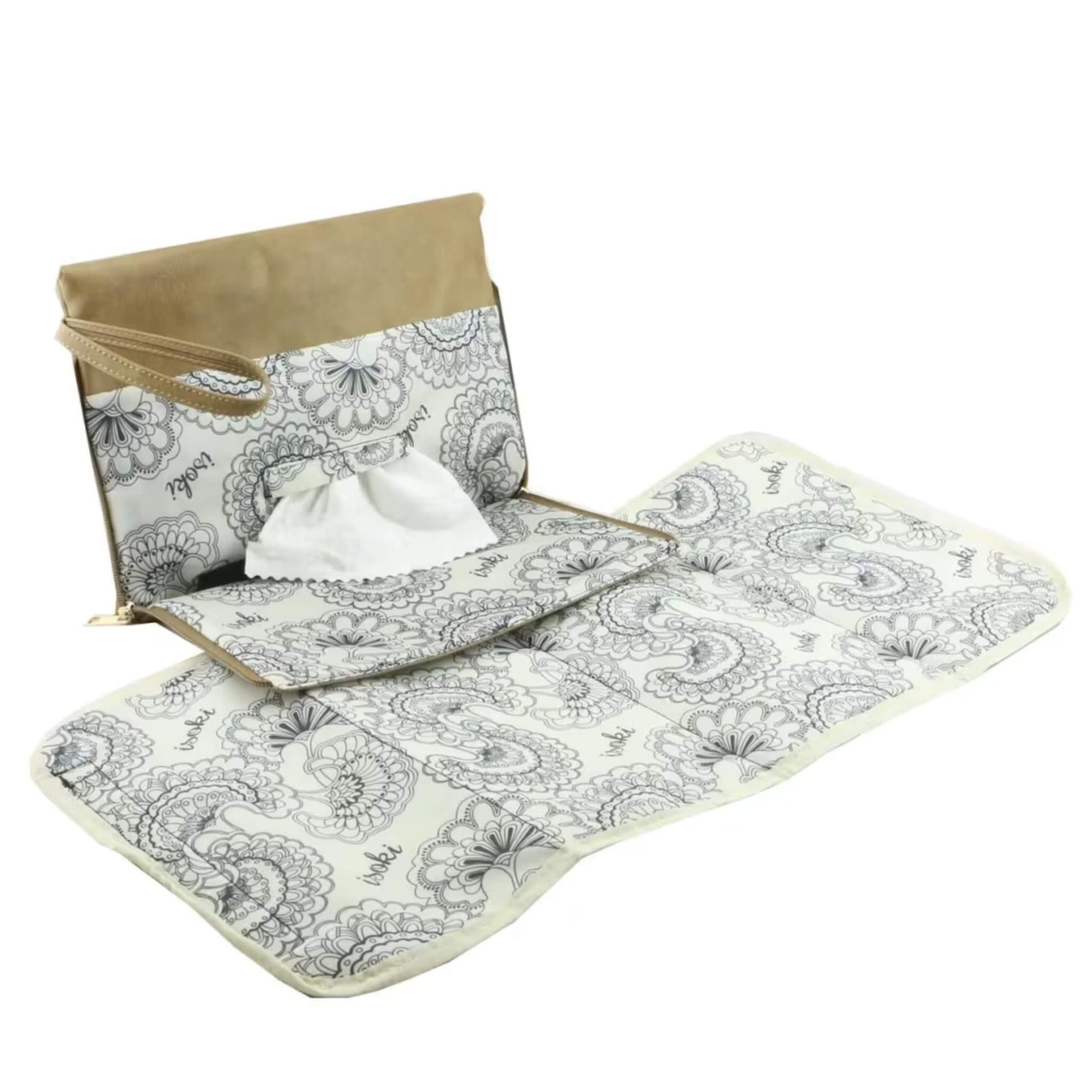 Full-length view of the beige changing mat fully unfolded, displaying the floral printed lining and soft padded sections.